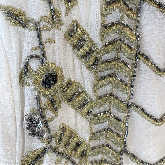 Free People Ruched Chiffon Hand Embroidered Maxi Dress in Color Creme - Picture 3 of 12